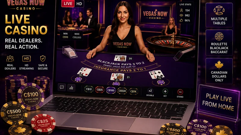 Live dealer blackjack table streamed in Canadian dollars at Vegas Now Casino