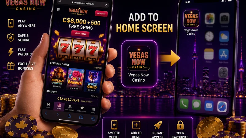 Vegas Now Casino running in a mobile browser with a home screen shortcut in Canada