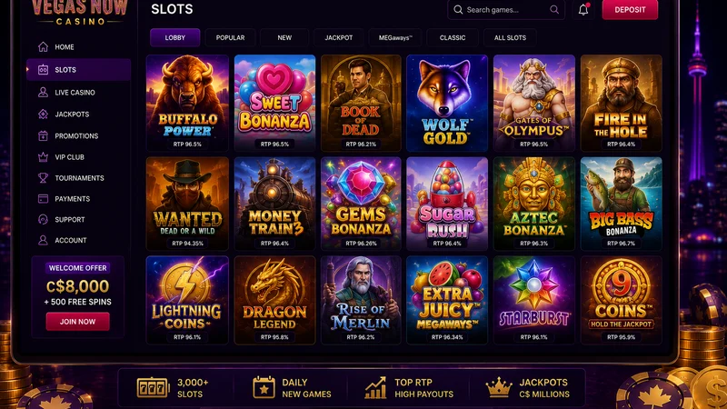 Vegas Now Casino Canada slot lobby with RTP badges on the game tiles